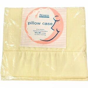 NOS Vintage Penney’s Crib Pillow Case Fine Muslin Yellow Hemstitched Border Baby